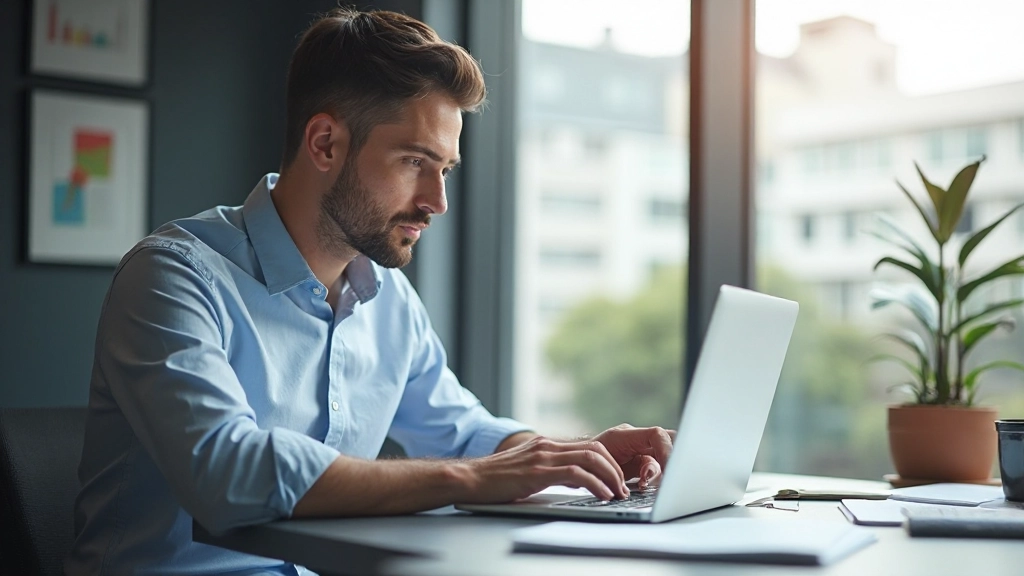 Профессиональная фотография предпринимателя, анализирующего бизнес-метрики на ноутбуке в современном офисе с естественным освещением