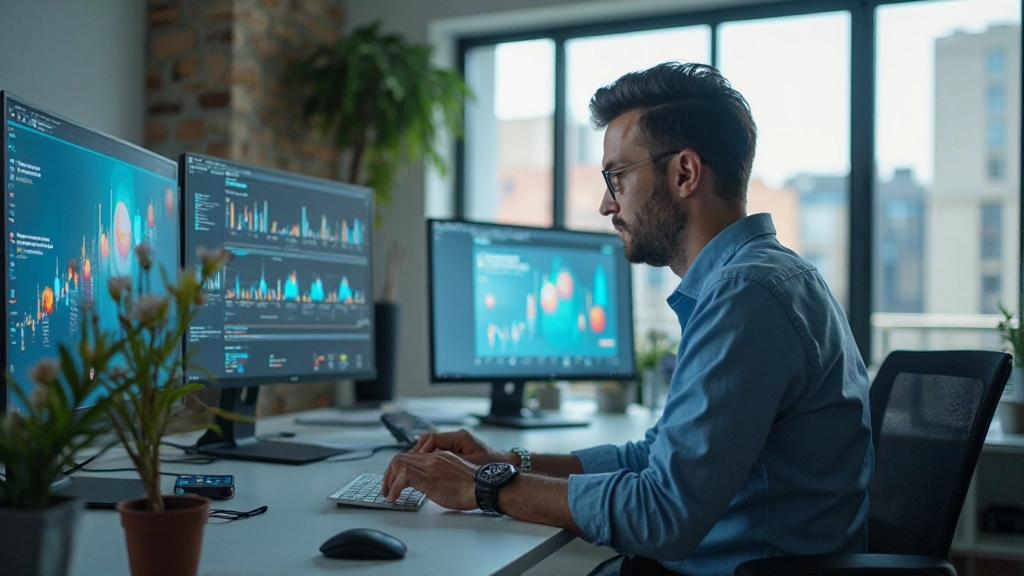 Профессиональная фотография цифрового маркетолога, разрабатывающего стратегию в современном офисе с мониторами, показывающими аналитику