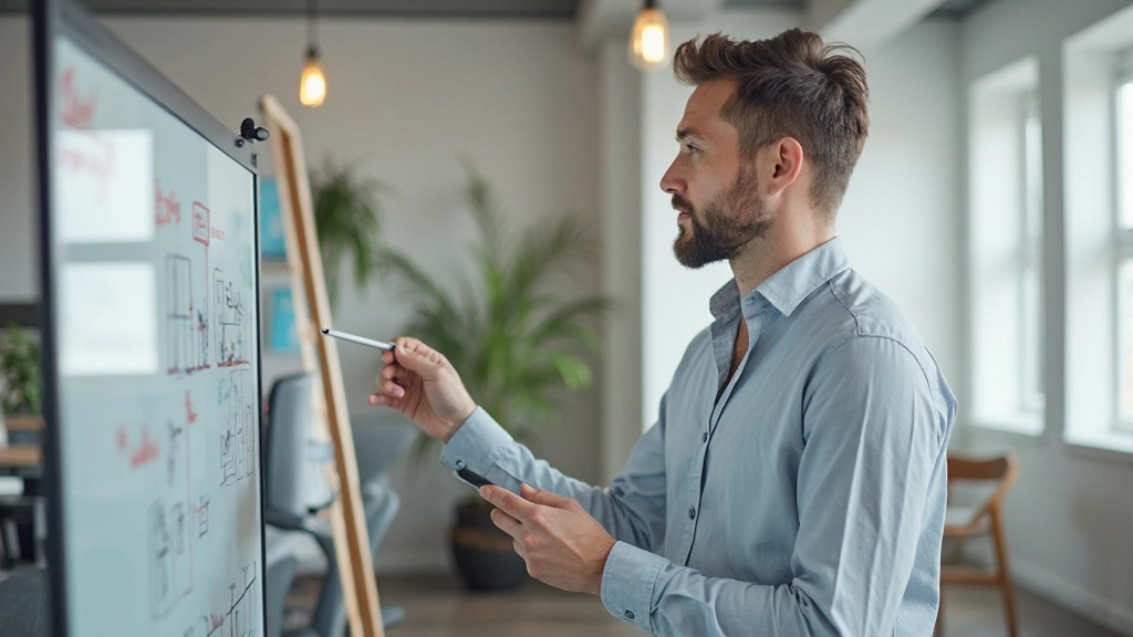 Предприниматель записывает идеи на доске, планируя инновационный проект
