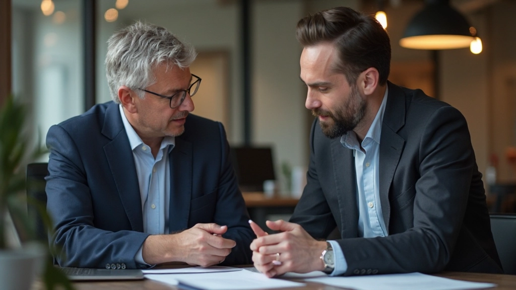 Профессиональная фотография финансового консультанта, обсуждающего инвестиционные возможности с молодым предпринимателем в офисе