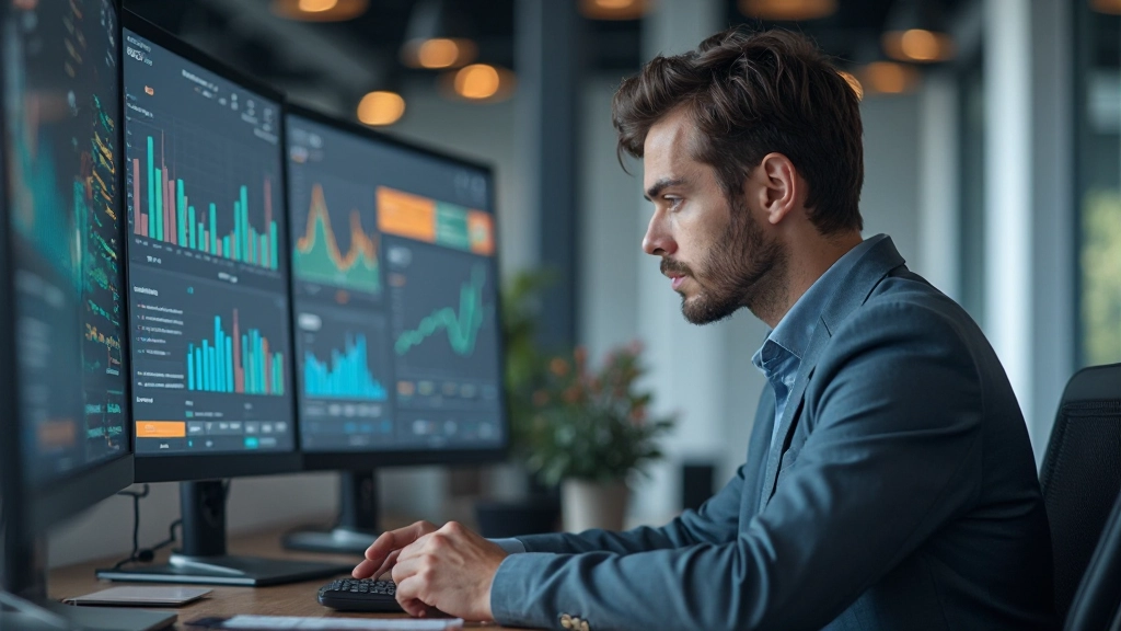 Маркетолог, анализирующий цифровые метрики и аналитику на экране компьютера