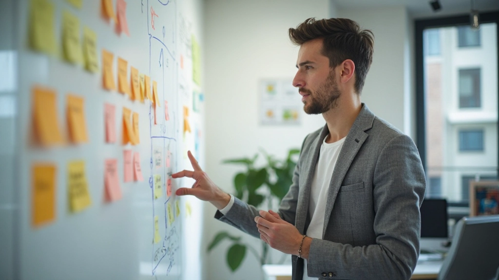 Современный рабочий стол инновационного стартапа с ноутбуком и идеями