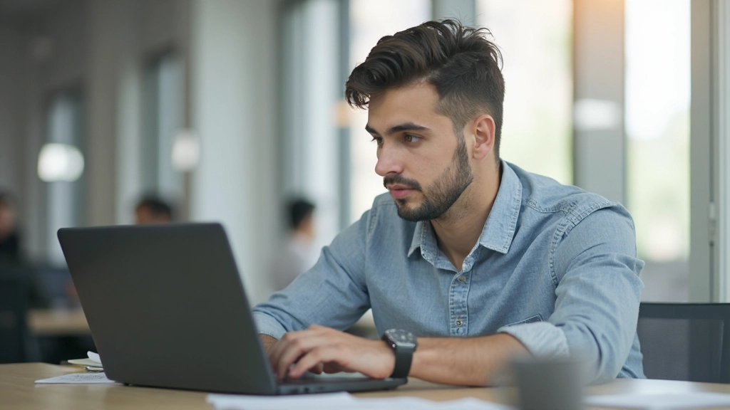 Молодой предприниматель работает на современном ноутбуке в инновационном офисе